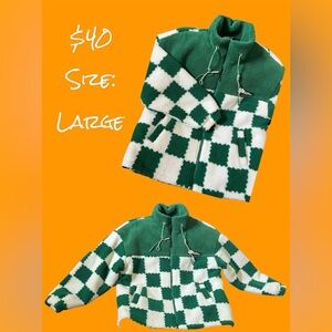 Green/cream checkered zip up Sherpa sweater new without tags.